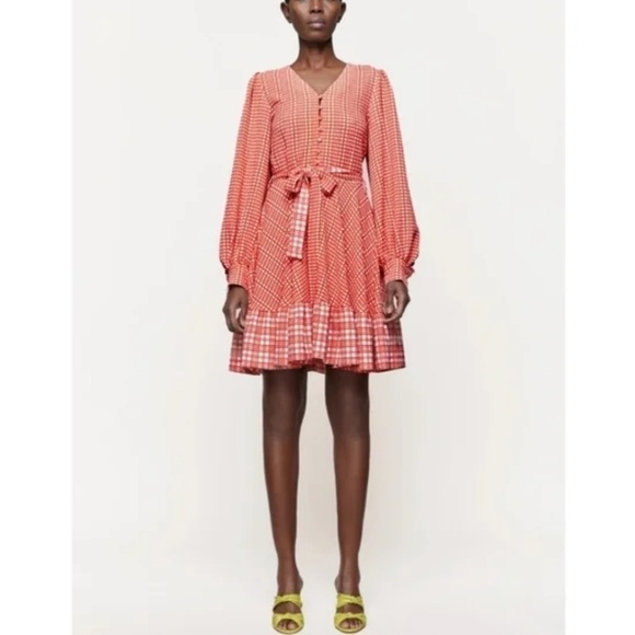 Stine Goya-NWOT “Farrow” Coral Plaid Long puff sleeve Waist Tie Flare Mini Dress - Picture 3 of 9